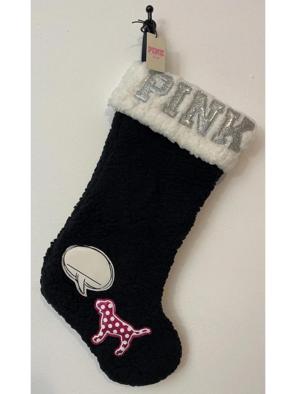 Victoria Secret PINK Black Fleece Full-Size Scribable Christmas Stocking NWT A57
